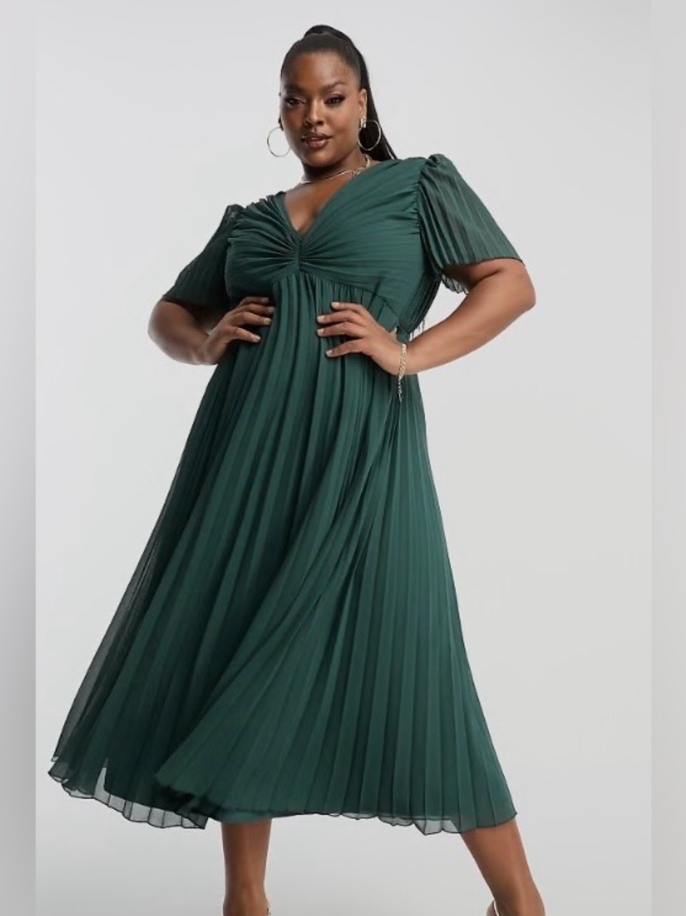 ASOS Curve Forest Green Pleated V-Neck Maxi Dress US SIZE 20 *NWT*